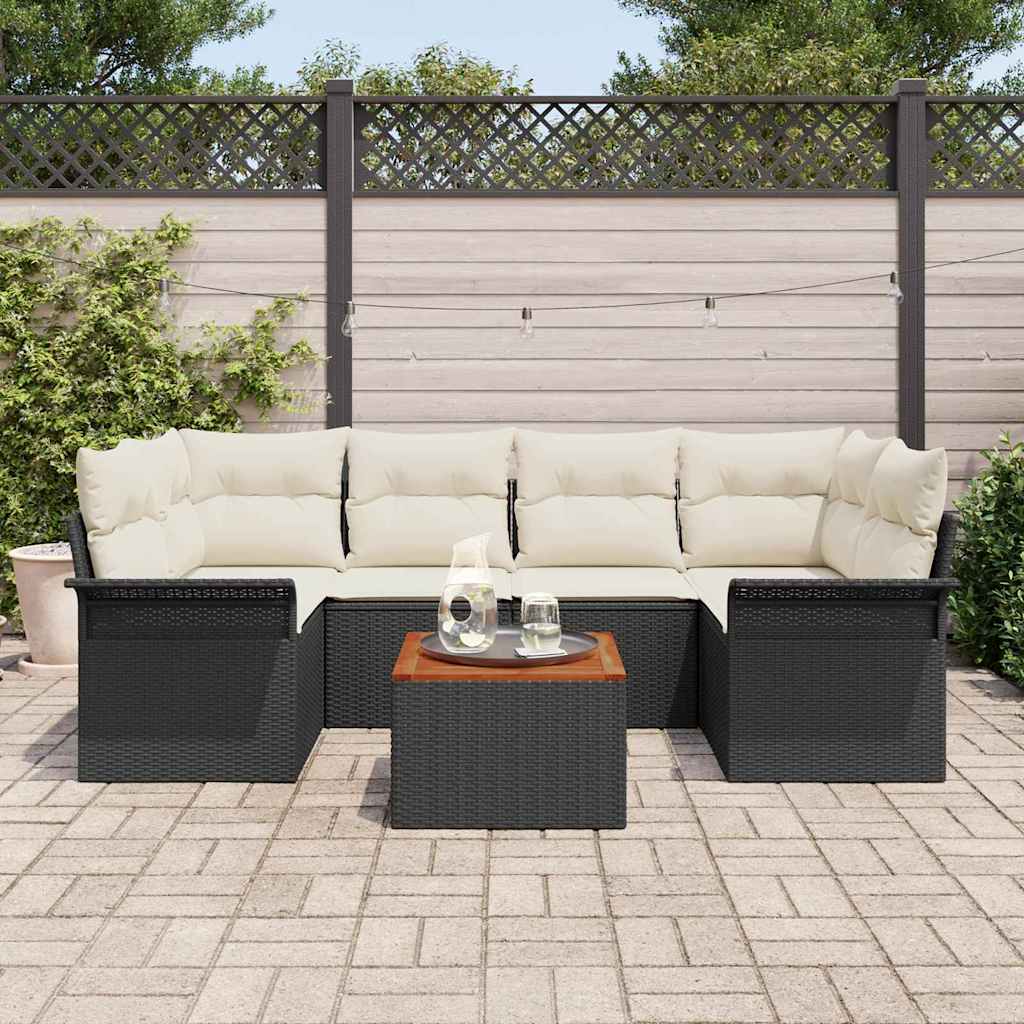 Set Divano da Giardino 7 pcs Nero e Crema polyrattan