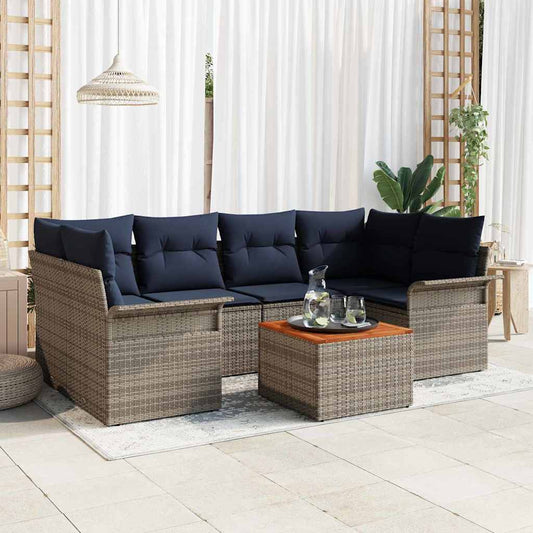 Set Divano da Giardino 7 pcs Grigio e Blu Navy polyrattan