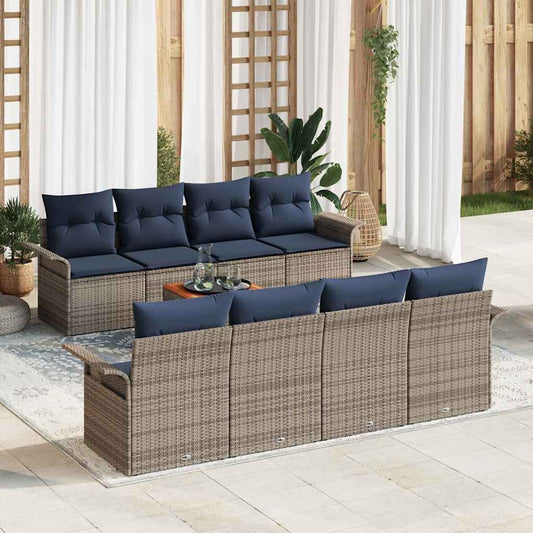 Set Divano da Giardino 9 pcs Grigio e Blu Navy polyrattan