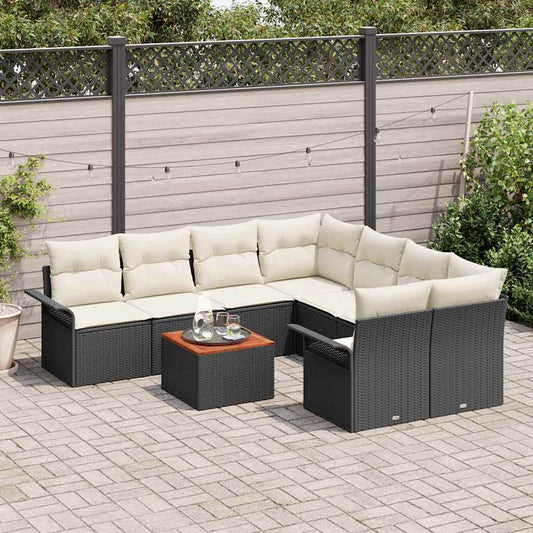 Set Divano da Giardino 9 pcs Nero e Crema polyrattan