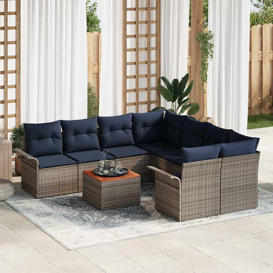 Set Divano da Giardino 9 pcs Grigio e Blu Navy polyrattan