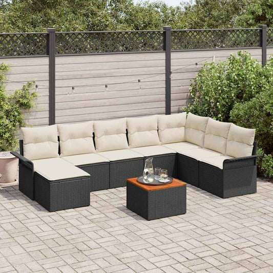 Set Divano da Giardino 9 pcs Nero e Crema polyrattan