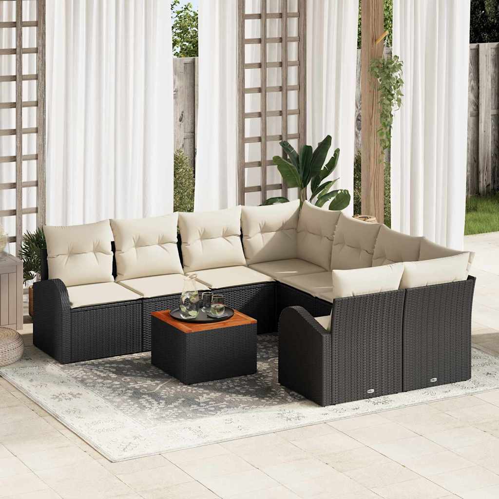 Set Divano da Giardino 9 pcs Nero e Crema polyrattan