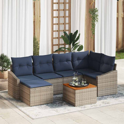 Set Divano da Giardino 7 pcs Grigio e Blu Navy polyrattan