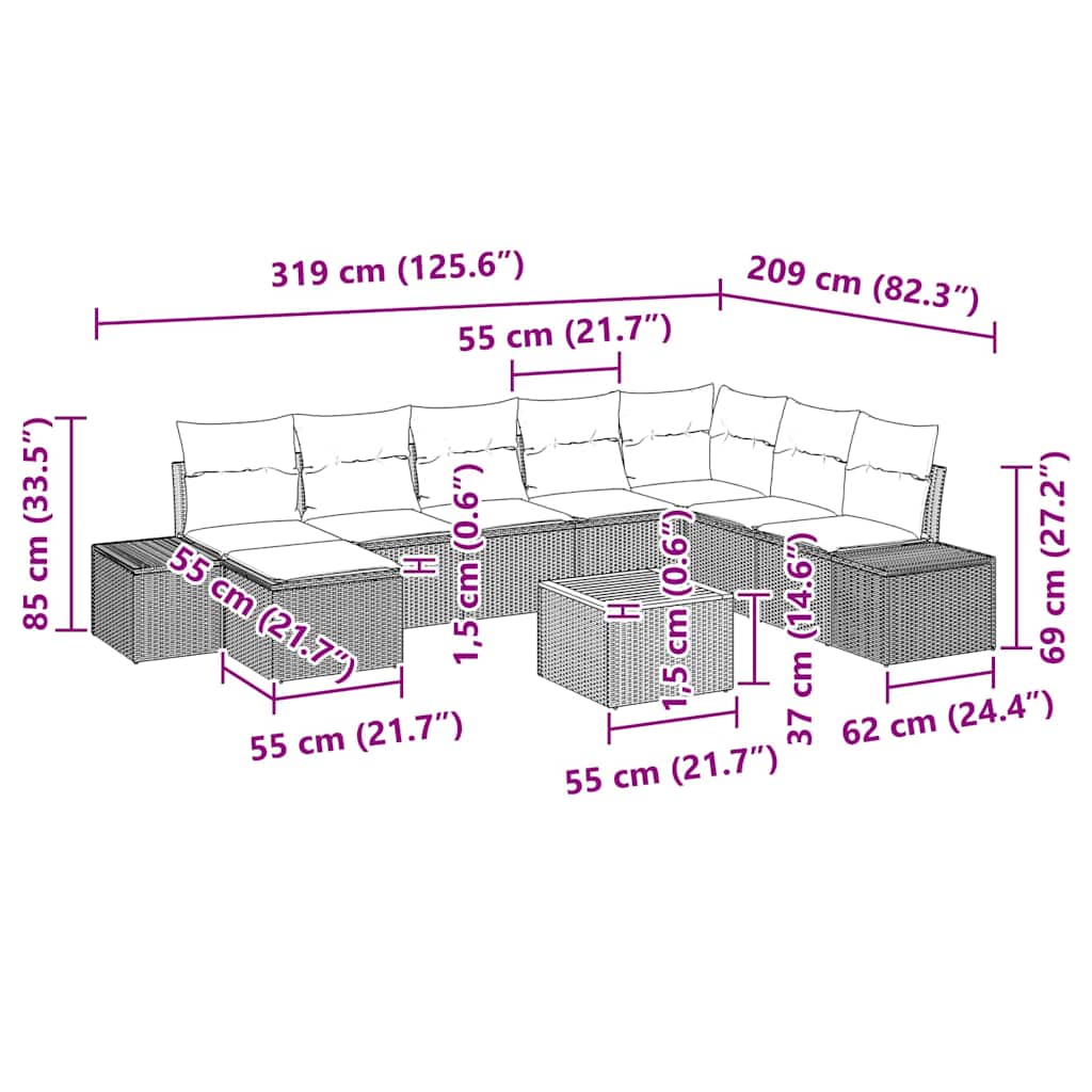 Set Divano da Giardino 9 pcs Nero