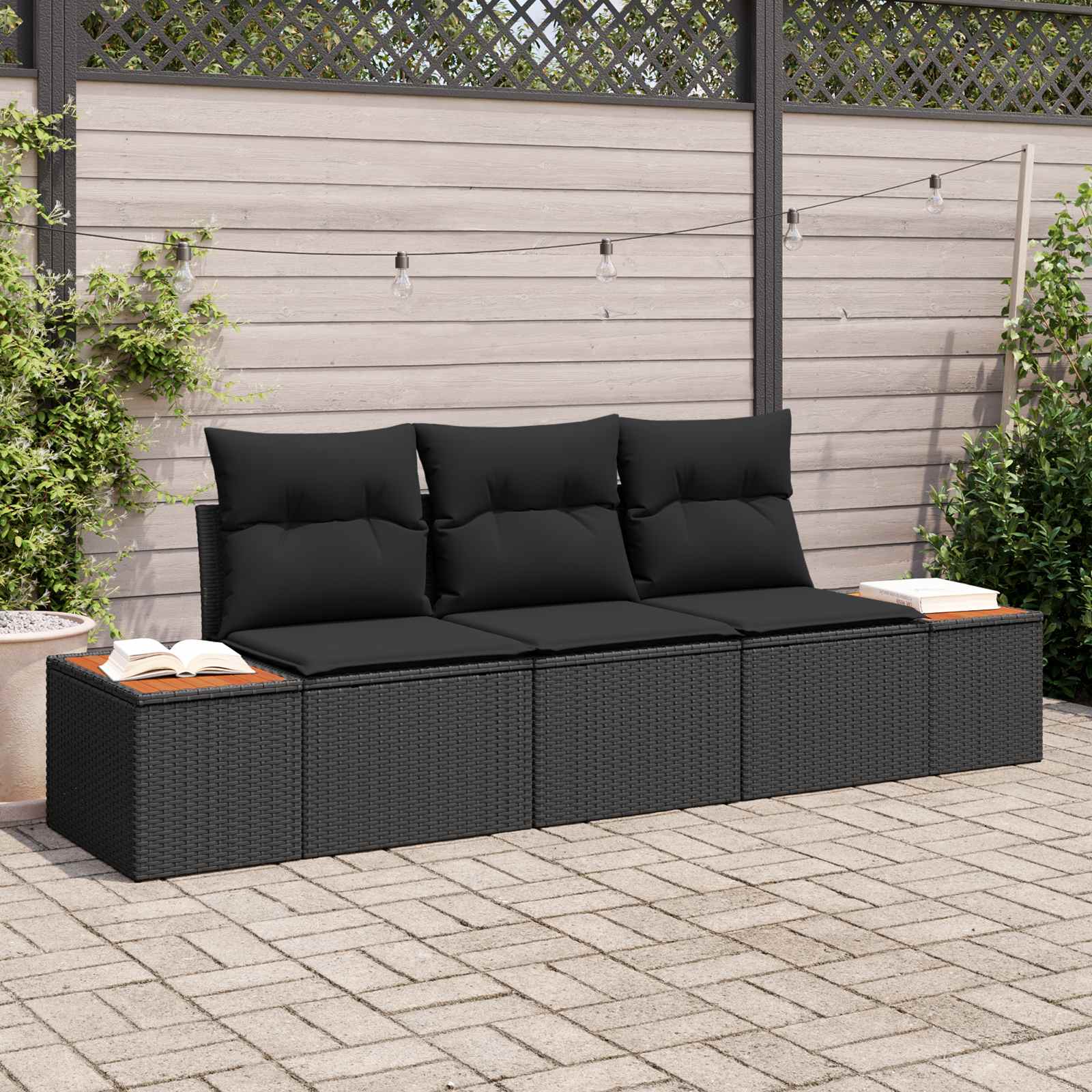Set Divano da Giardino con archiviazione 3 pcs Nero Poly Rattan | homemem39