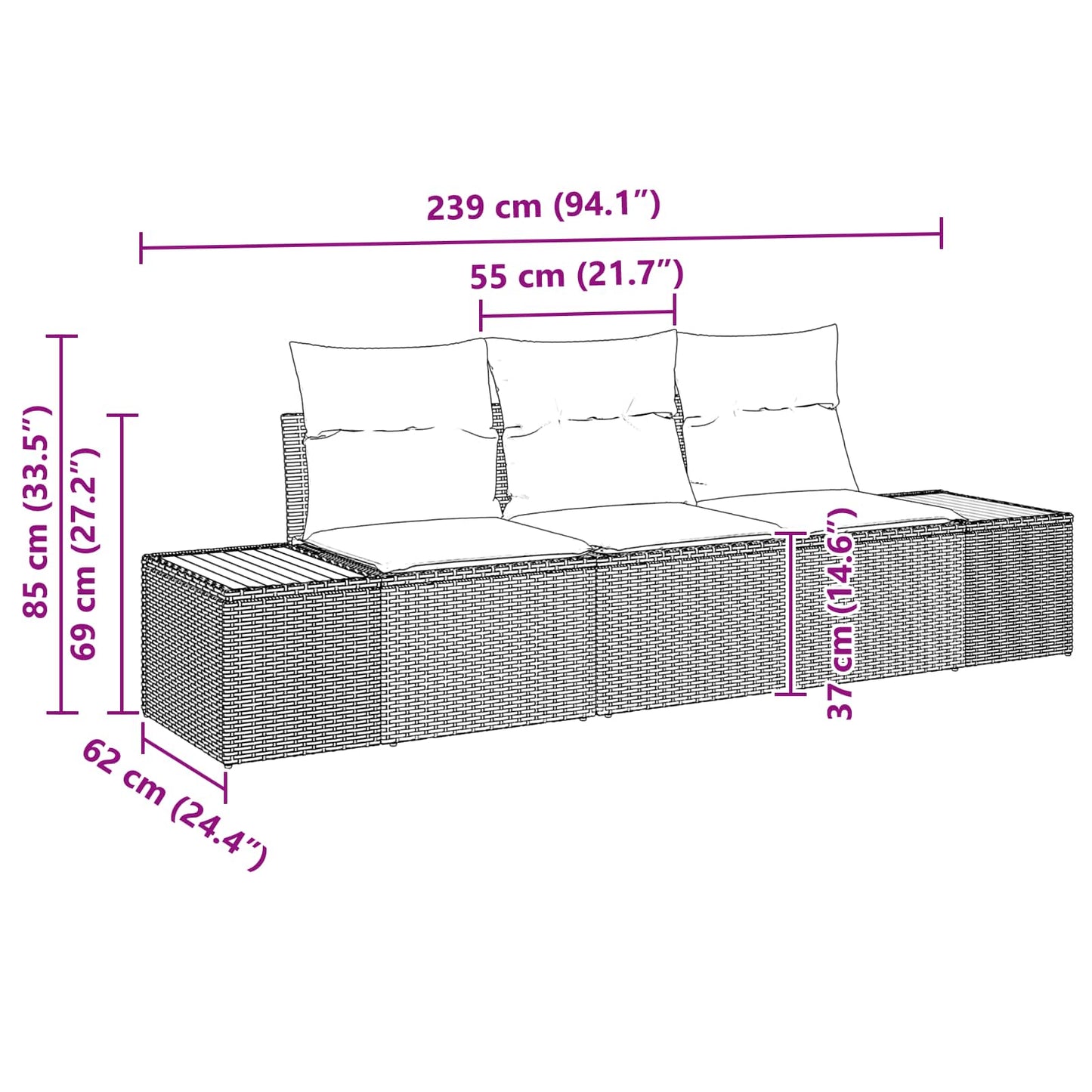 Set Divano da Giardino con archiviazione 3 pcs Nero Poly Rattan | homemem39