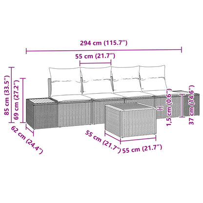 Set Divano da Giardino con cuscino 5 pcs Nero Poly Rattan