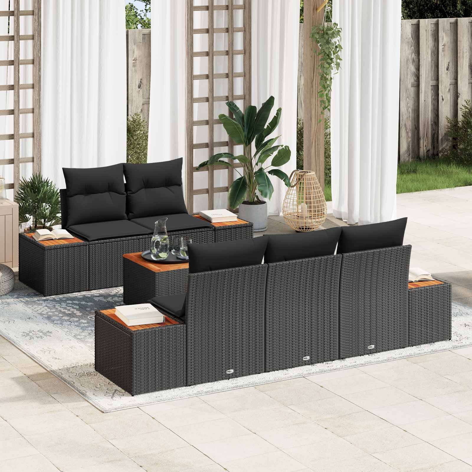 Set Divano da Giardino con archiviazione 6 pcs Nero Poly Rattan | homemem39