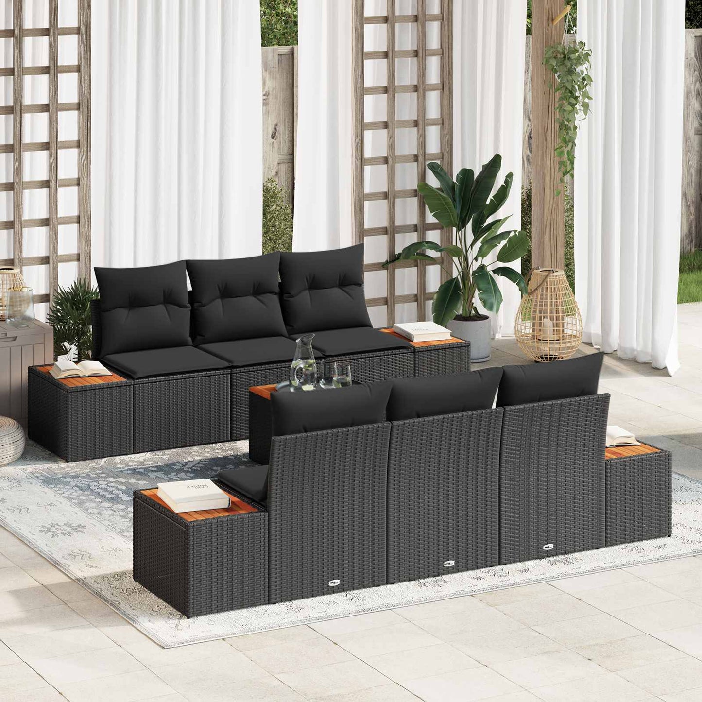 Set Divano da Giardino con cuscino 7 pcs Nero Poly Rattan | homemem39