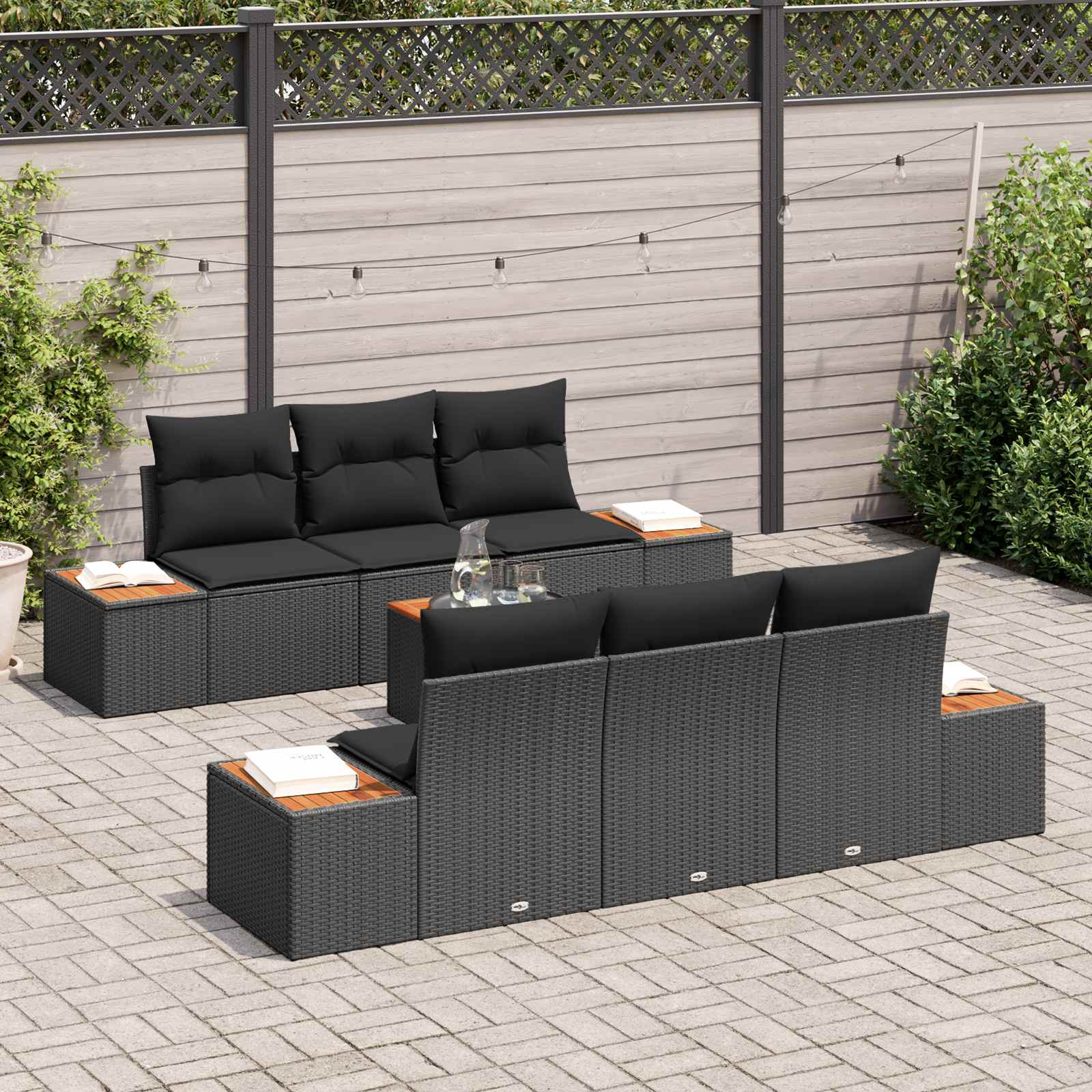 Set Divano da Giardino con cuscino 7 pcs Nero Poly Rattan | homemem39