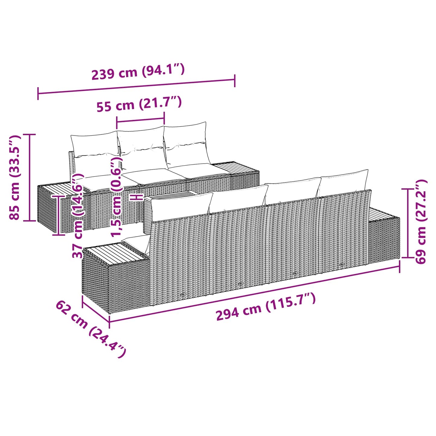 Set Divano da Giardino con cuscino 8 pcs Nero Poly Rattan