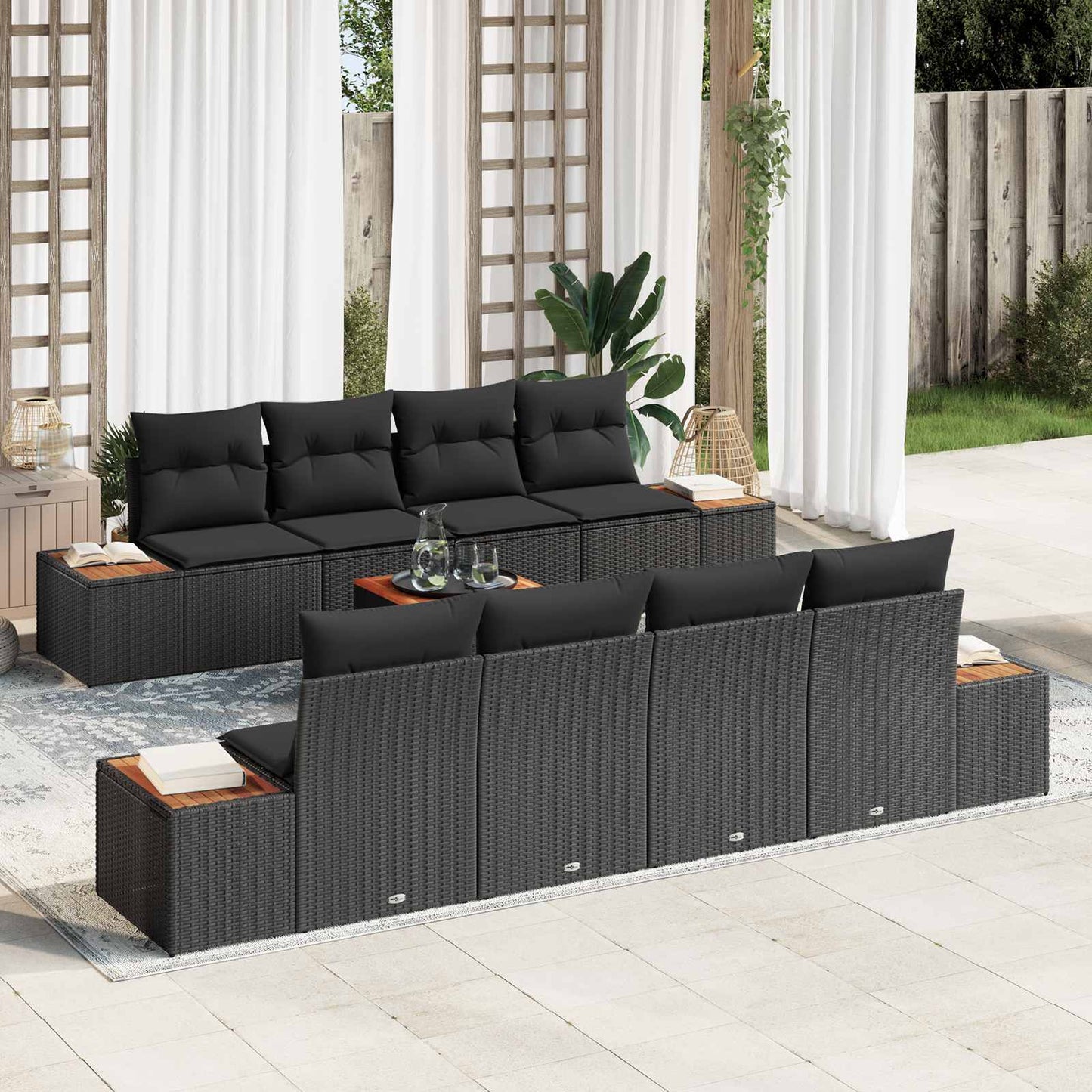 Set Divano da Giardino con cuscino 9 pcs Nero Poly Rattan | homemem39