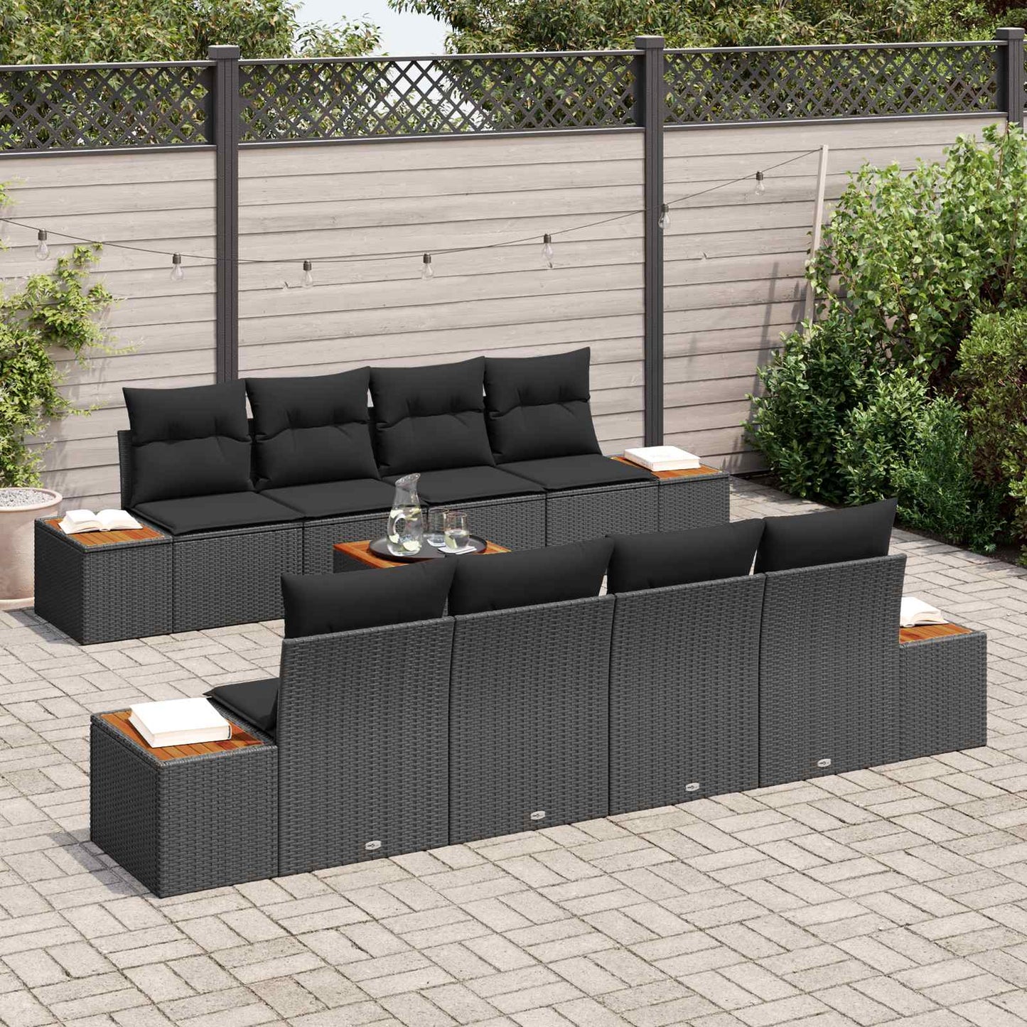 Set Divano da Giardino con cuscino 9 pcs Nero Poly Rattan | homemem39