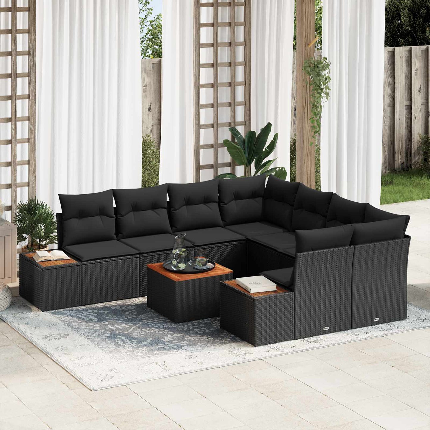 Set Divano da Giardino con cuscino 9 pcs Nero Poly Rattan