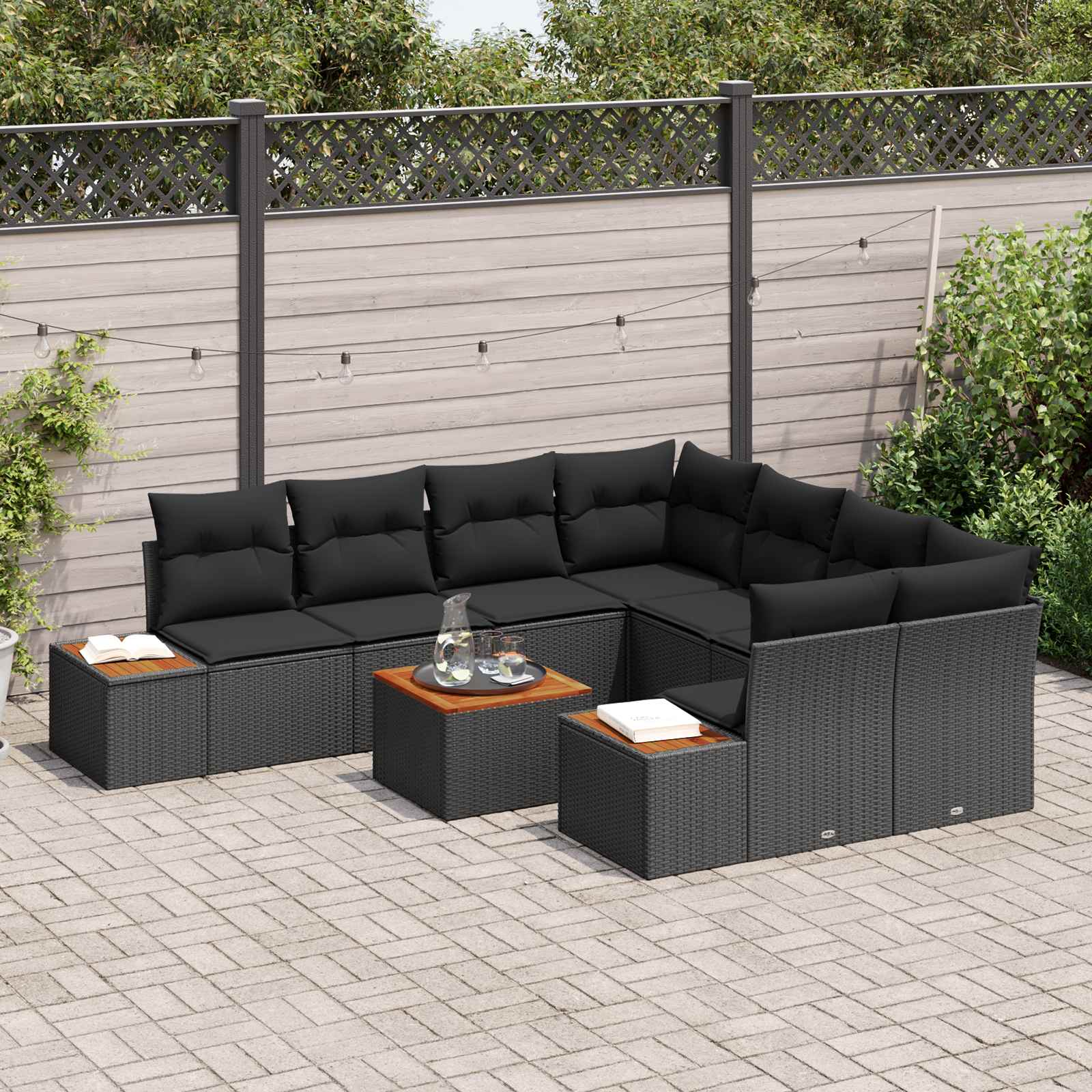 Set Divano da Giardino con cuscino 9 pcs Nero Poly Rattan | homemem39