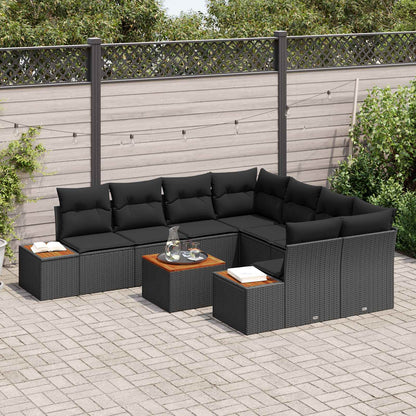 Set Divano da Giardino con cuscino 9 pcs Nero Poly Rattan