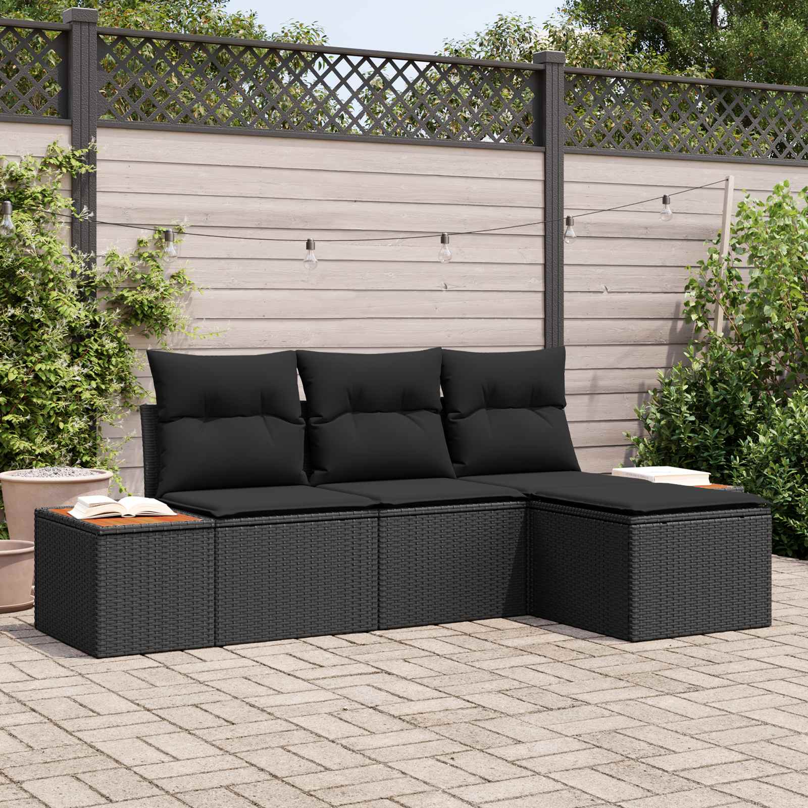 Set Divano da Giardino 4 pcs Nero Rattan in Polipropilene | homemem39