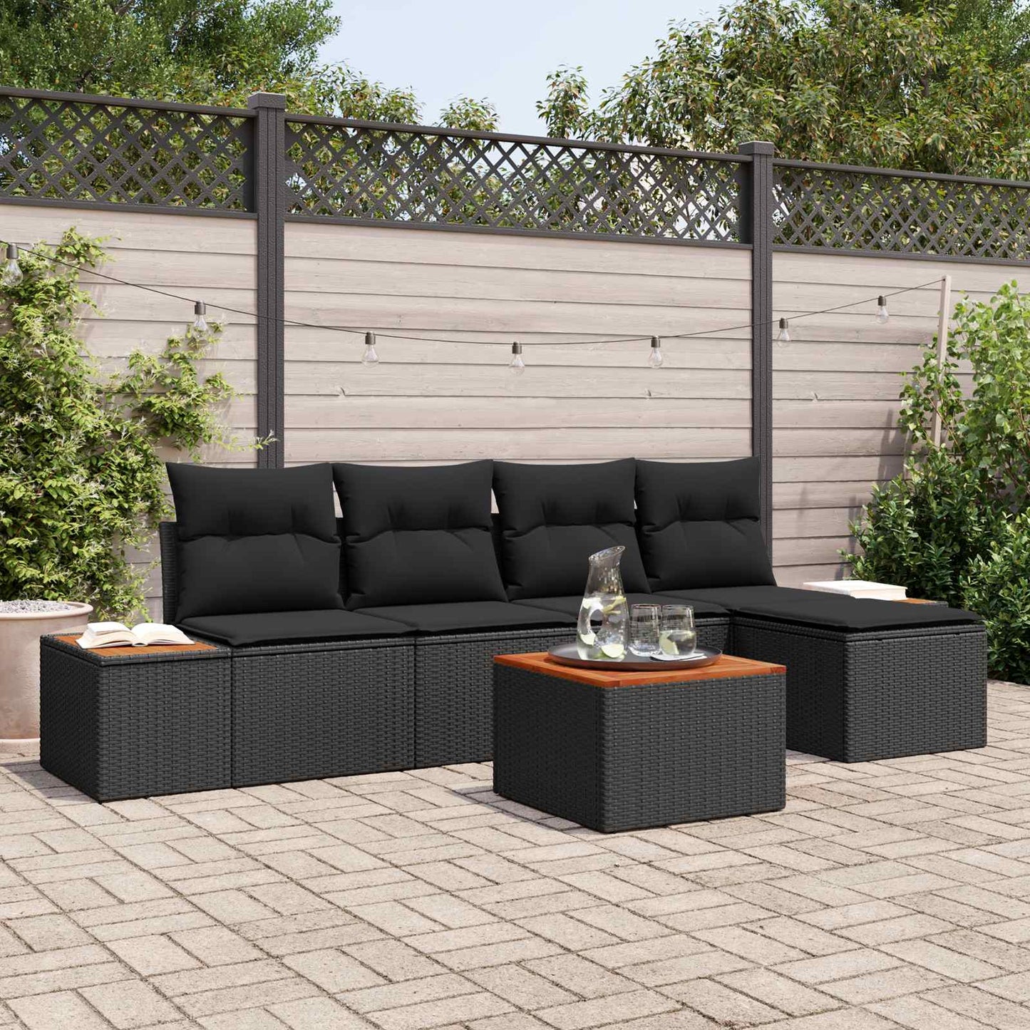 Set Divano da Giardino con cuscino 6 pcs Nero Polyrattan | homemem39