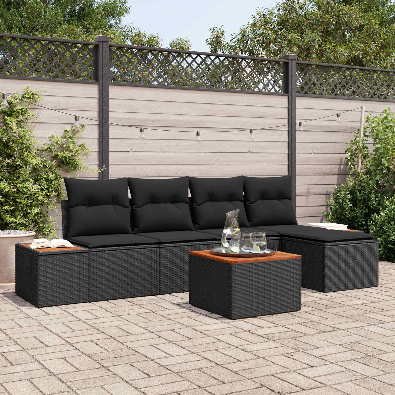 Set Divano da Giardino con cuscino 6 pcs Nero Polyrattan | homemem39
