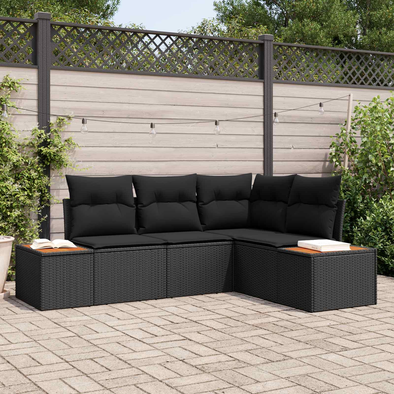 Set Divano da Giardino con cuscino 4 pcs Nero Polyrattan | homemem39