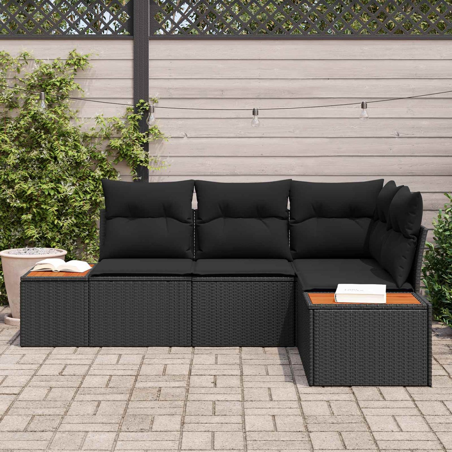 Set Divano da Giardino con cuscino 4 pcs Nero Polyrattan | homemem39