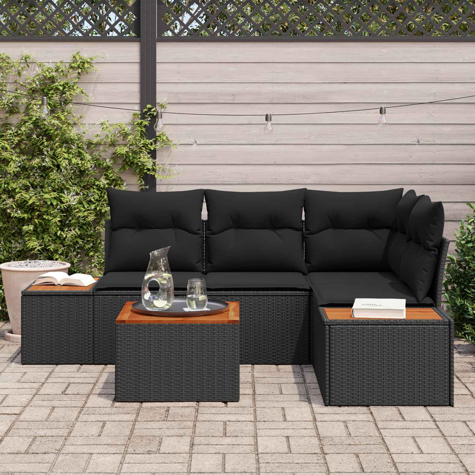 Set Divano da Giardino con cuscino 4 pcs Nero Polyrattan | homemem39