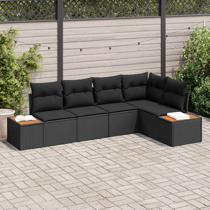 Set Divano da Giardino con cuscino 5 pcs Nero Poly Rattan | homemem39