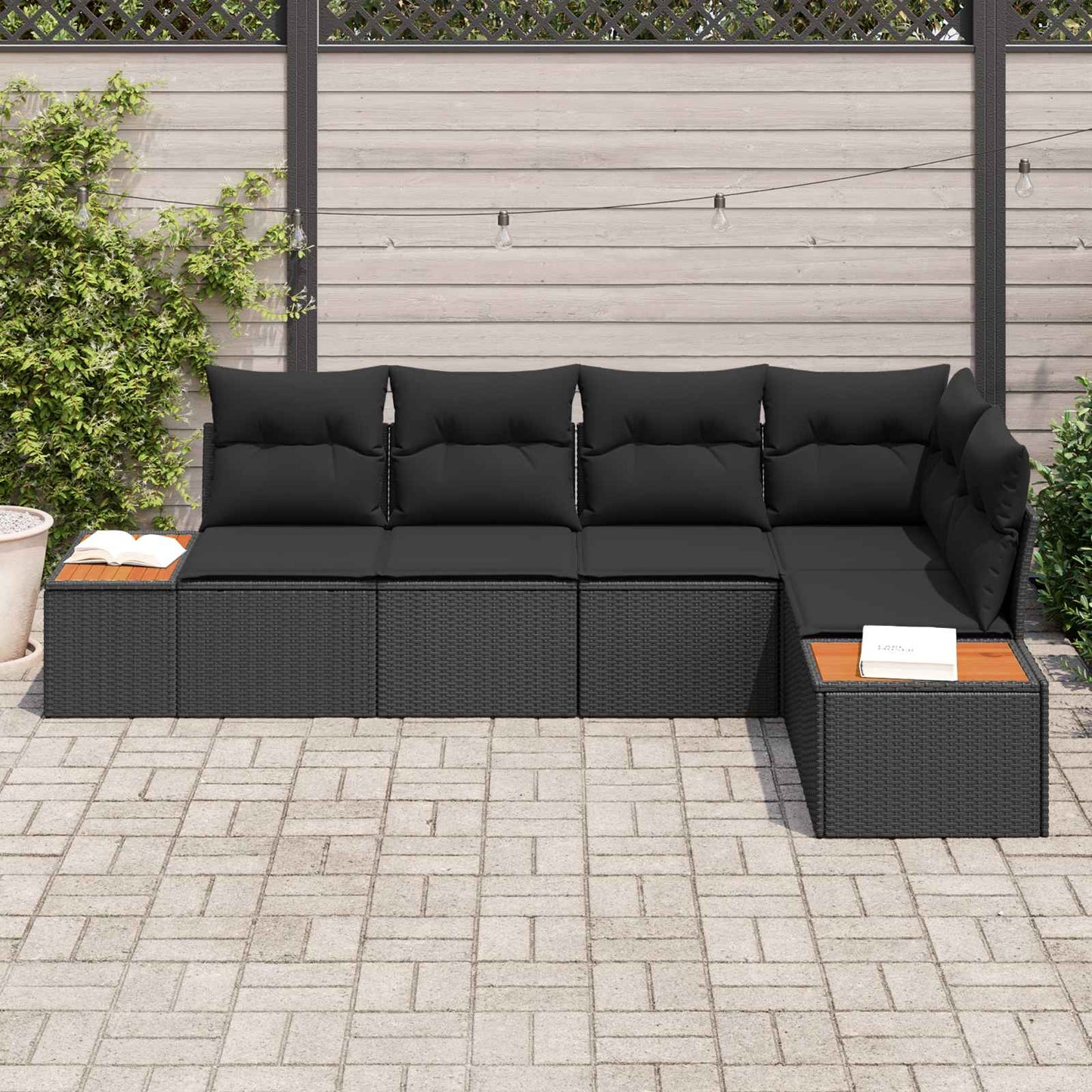 Set Divano da Giardino con cuscino 5 pcs Nero Poly Rattan | homemem39