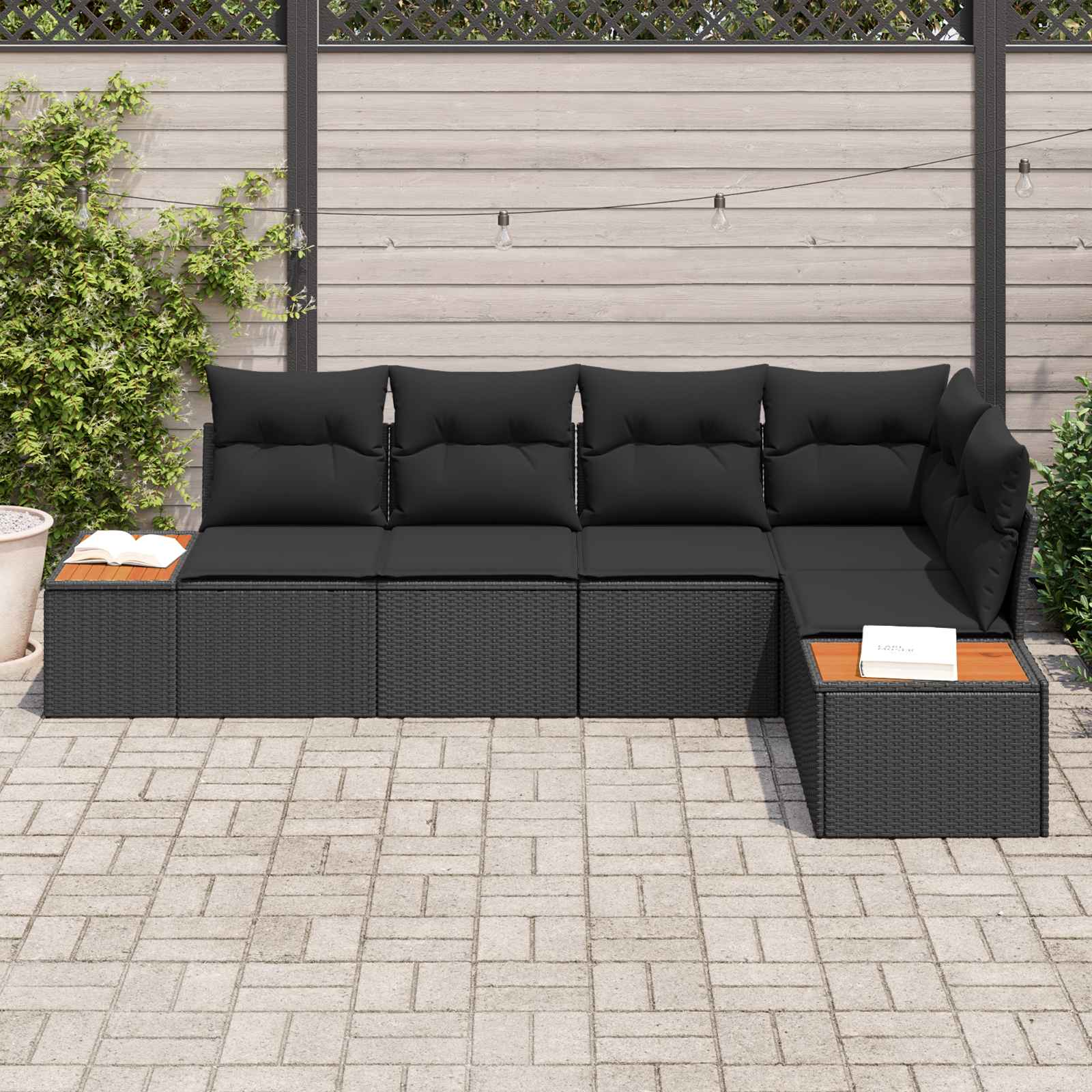 Set Divano da Giardino con cuscino 5 pcs Nero Poly Rattan | homemem39