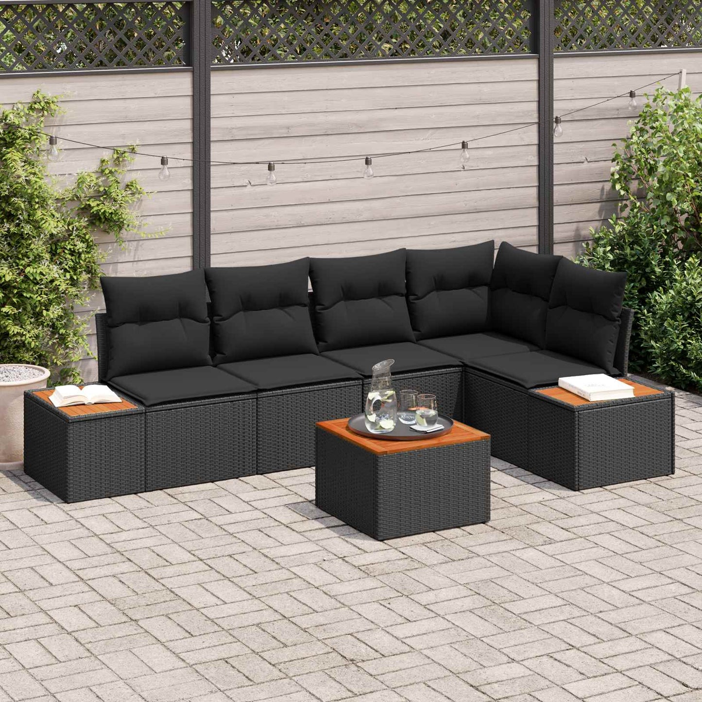 Set Divano da Giardino con cuscino 6 pcs Nero Poly Rattan