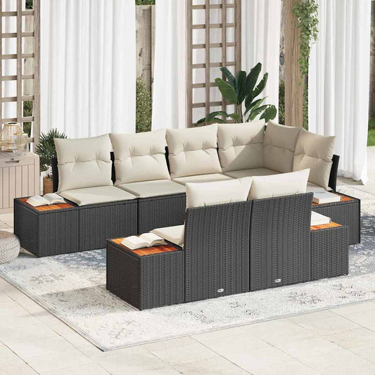 Set Divano da Giardino 7 pcs Nero e Crema Polyrattan