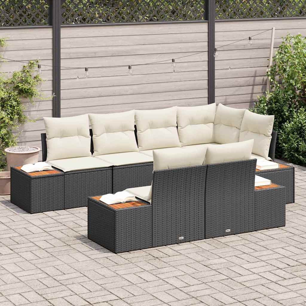 Set Divano da Giardino 7 pcs Nero e Crema Polyrattan | homemem39