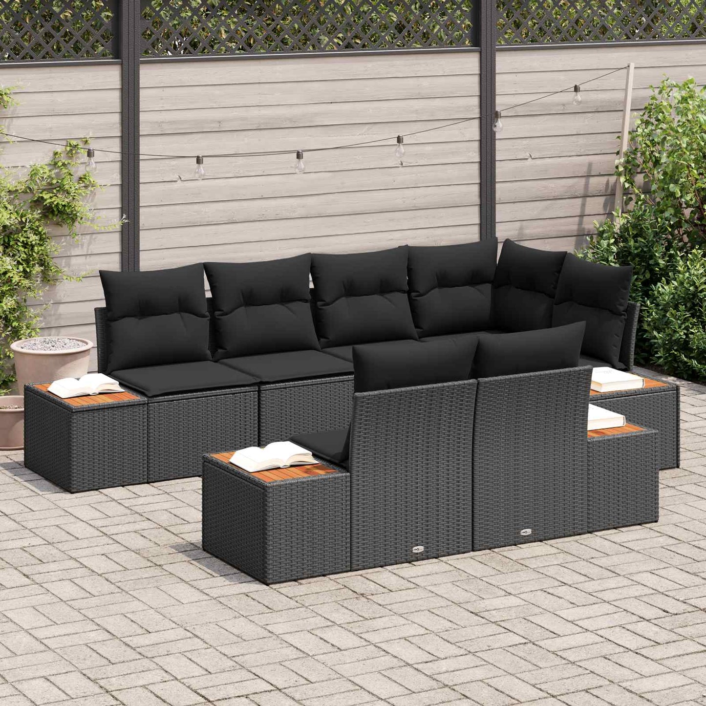 Set Divano da Giardino con cuscino 7 pcs Nero Polyrattan | homemem39