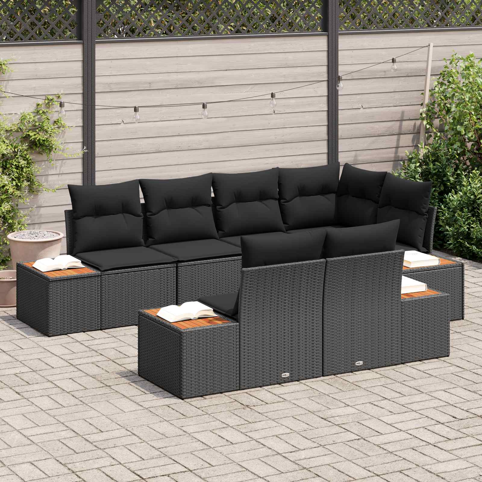 Set Divano da Giardino con cuscino 7 pcs Nero Polyrattan | homemem39