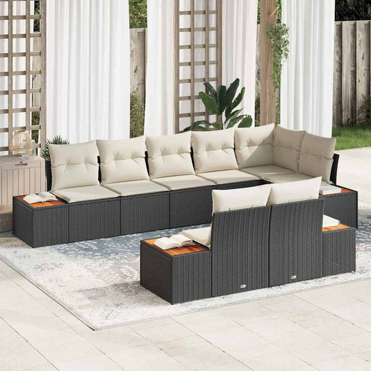 Set Divano da Giardino 8 pcs Nero e Crema Polyrattan