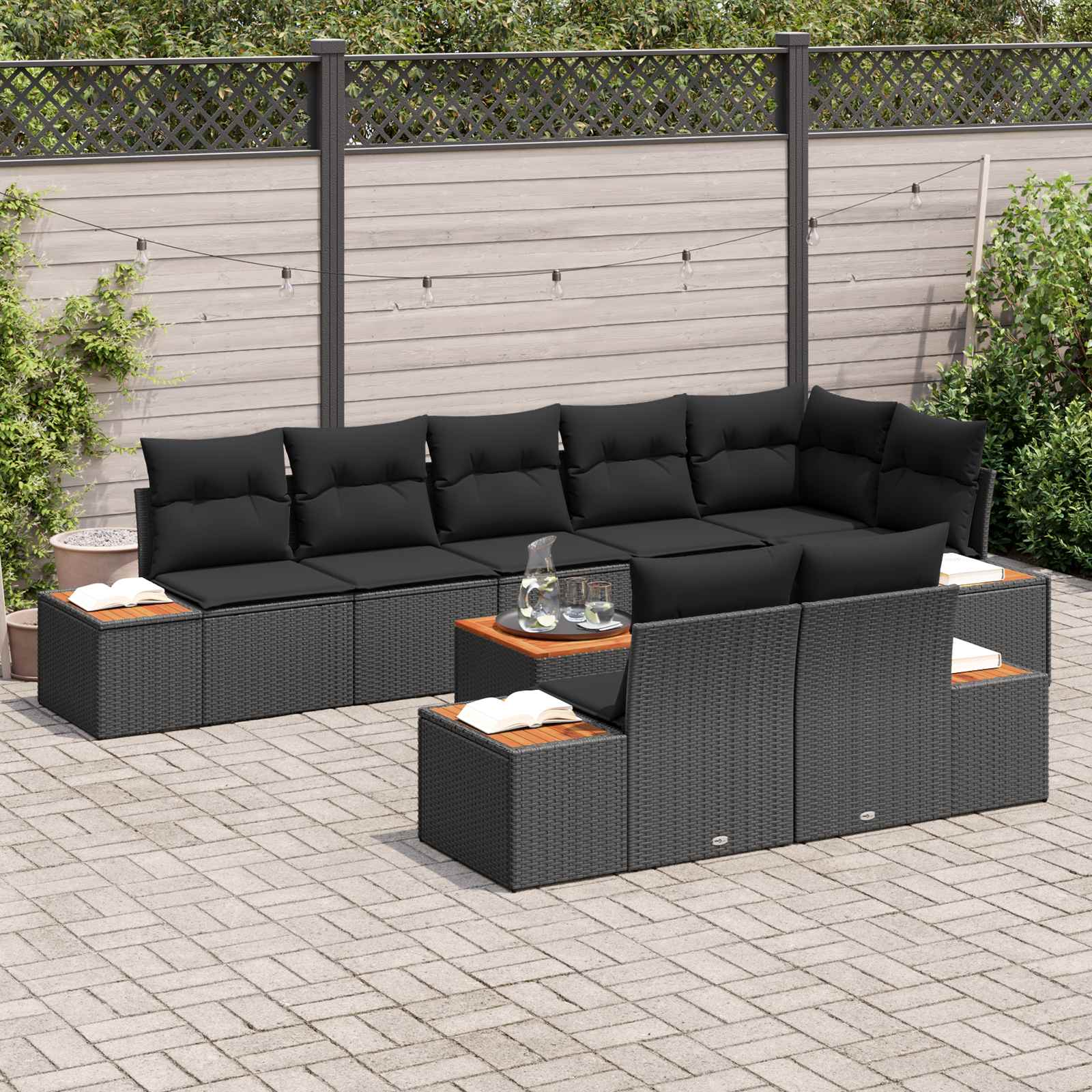Set Divano da Giardino con cuscino 8 pcs Nero Polyrattan | homemem39