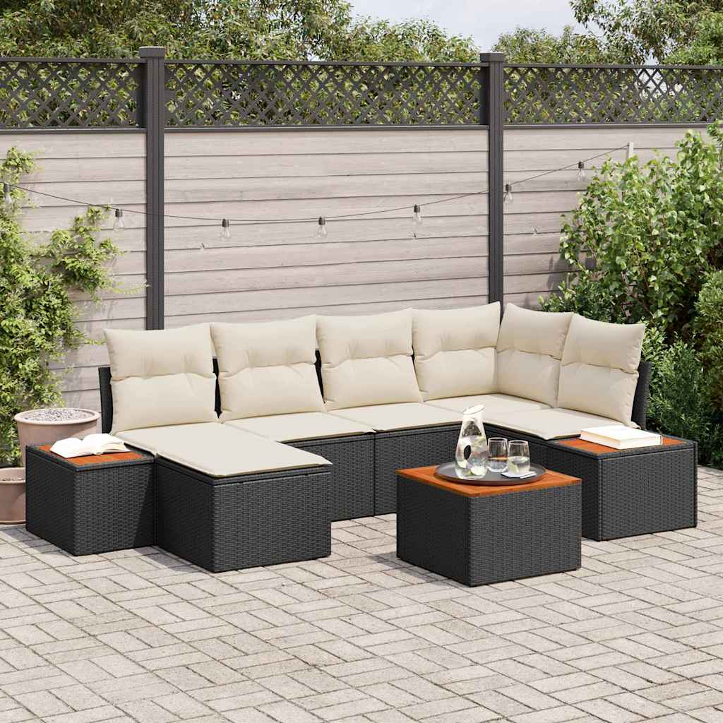 Set Divano da Giardino 7 pcs Nero e Crema Polyrattan | homemem39