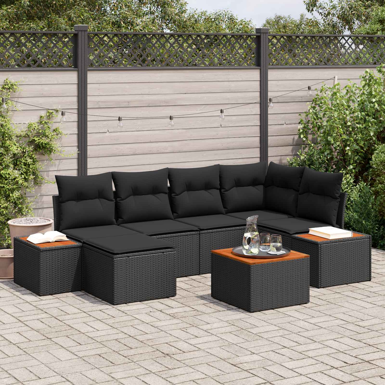 Set Divano da Giardino con cuscino 7 pcs Nero Polyrattan | homemem39