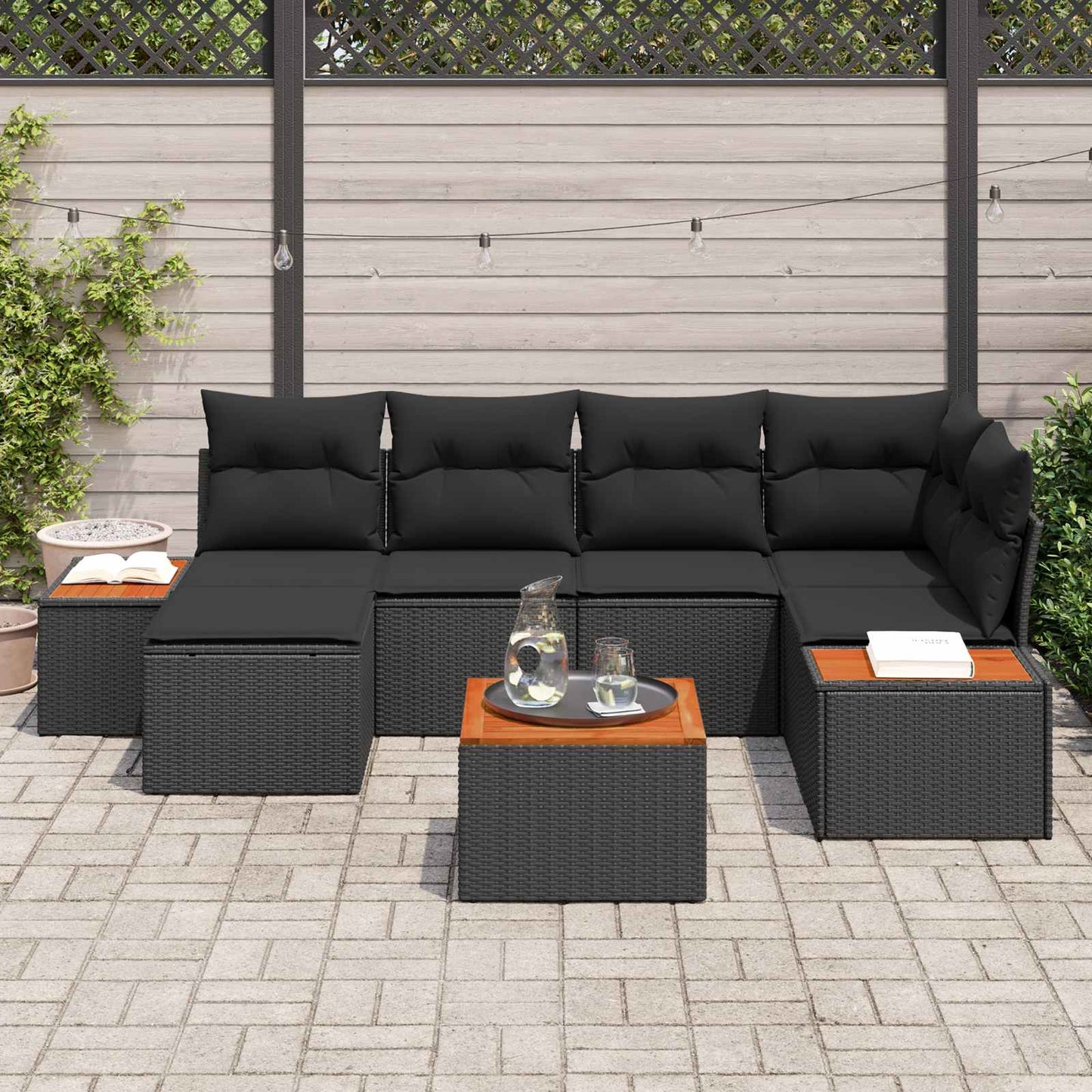Set Divano da Giardino con cuscino 7 pcs Nero Polyrattan | homemem39