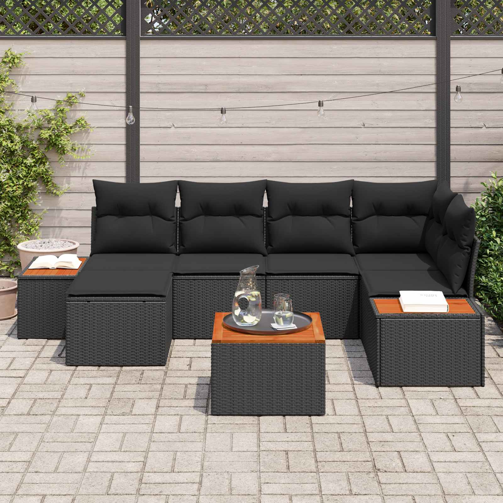 Set Divano da Giardino con cuscino 7 pcs Nero Polyrattan | homemem39