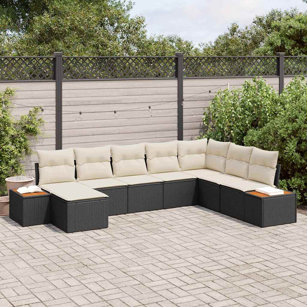 Set Divano da Giardino 9 pcs Nero e Crema Polyrattan