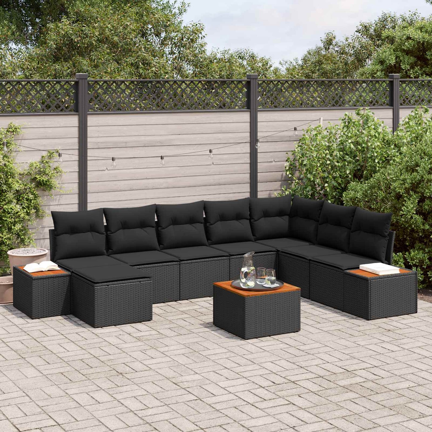 Set Divano da Giardino con cuscino 9 pcs Nero Polyrattan | homemem39