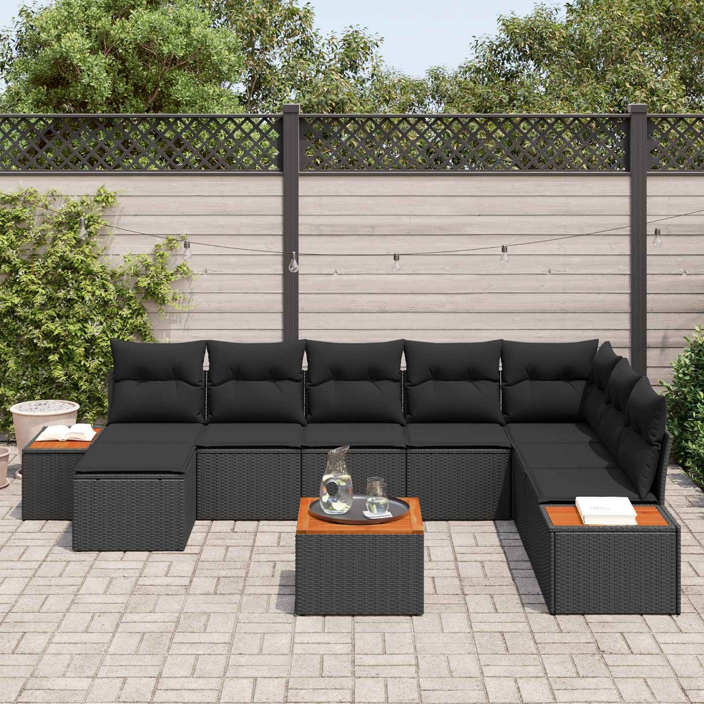 Set Divano da Giardino con cuscino 9 pcs Nero Polyrattan | homemem39