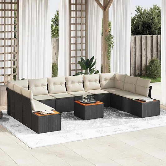 Set Divano da Giardino 10 pcs Nero e Crema Polyrattan