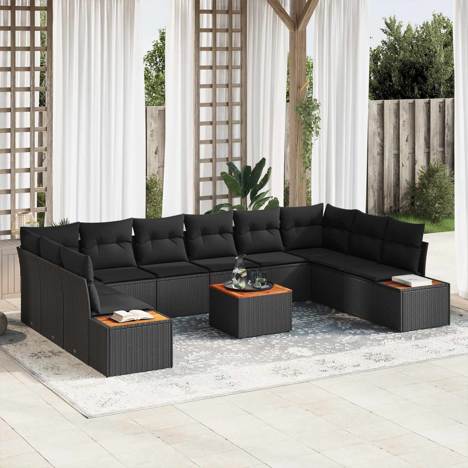 Set Divano da Giardino con cuscino 10 pcs Nero Polyrattan | homemem39