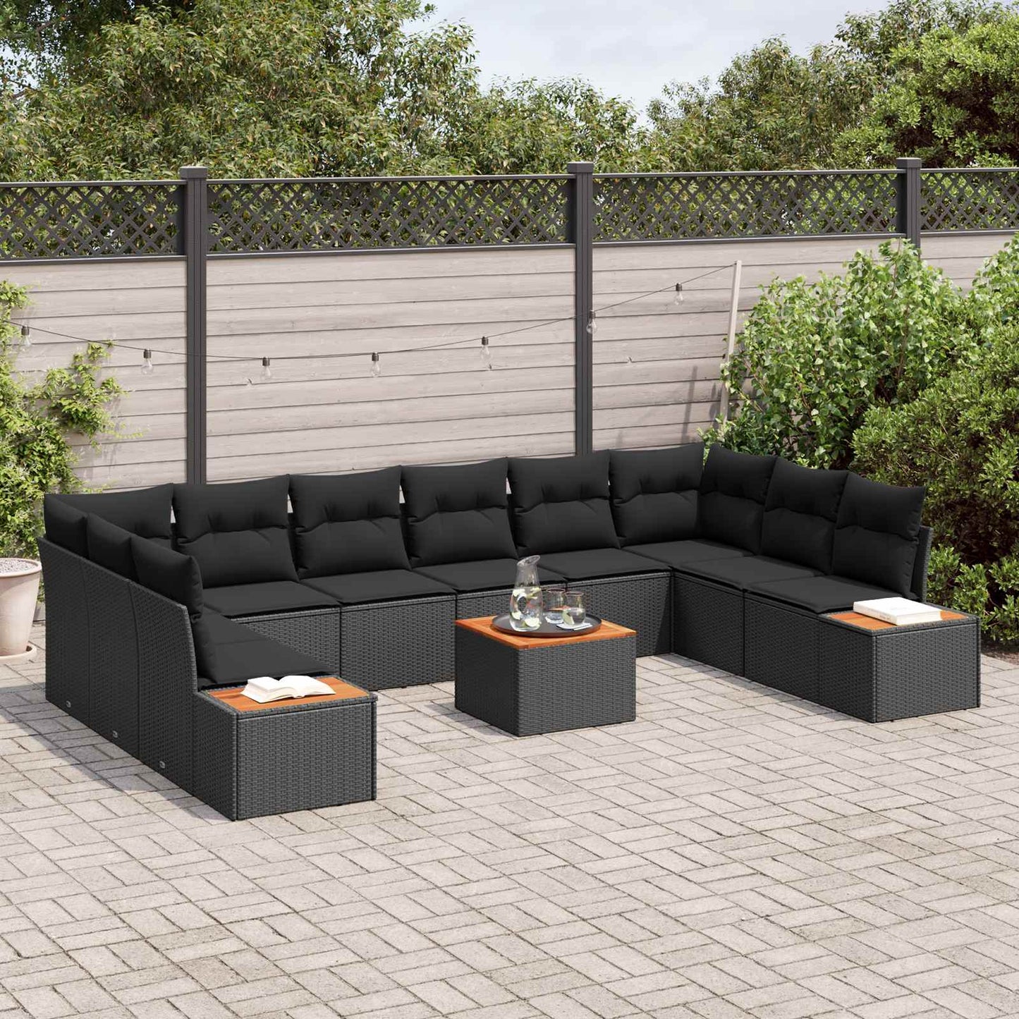 Set Divano da Giardino con cuscino 10 pcs Nero Polyrattan | homemem39