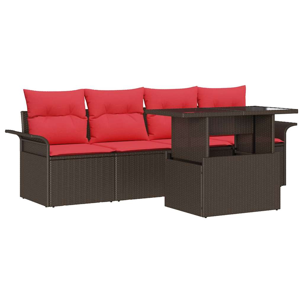 Set Divano da Giardino con cuscino 5 pcs Marrone Poly Rattan | homemem39