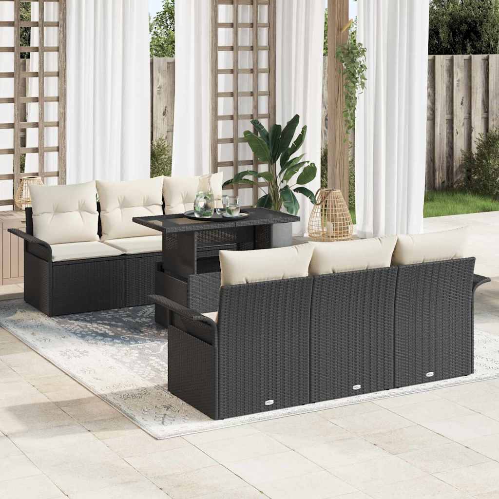 Set Divano da Giardino con cuscino 7 pcs Nero Poly Rattan | homemem39