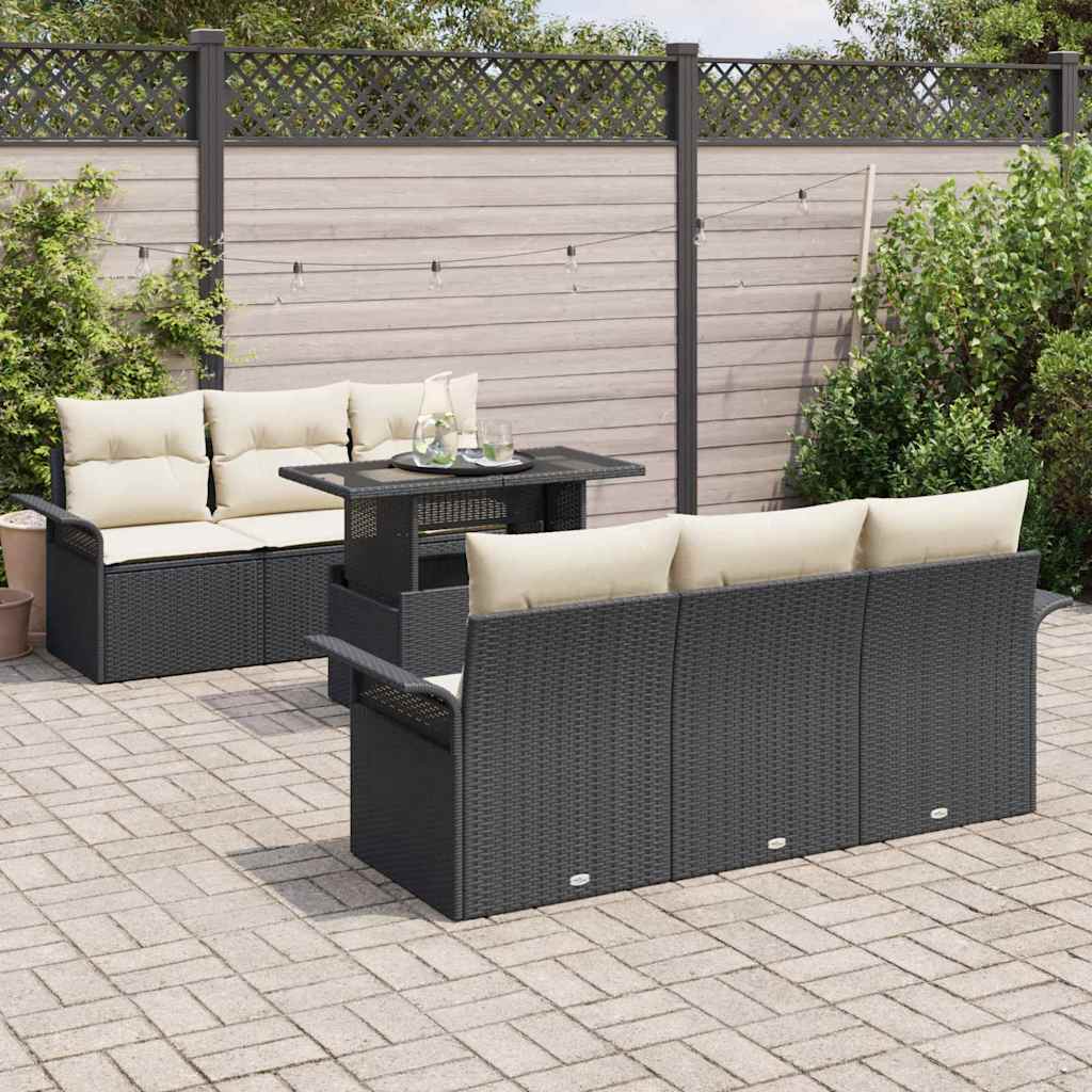 Set Divano da Giardino con cuscino 7 pcs Nero Poly Rattan | homemem39